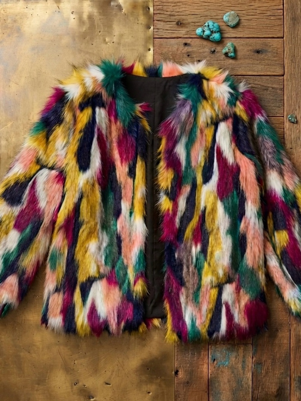 Jealous Tomato Multicolor Faux Fur Teddy Jacket in Jewel Tones